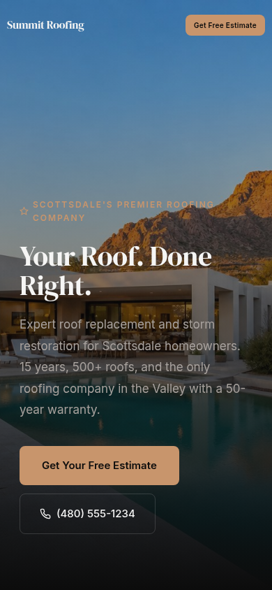 Summit Roofing website on mobile